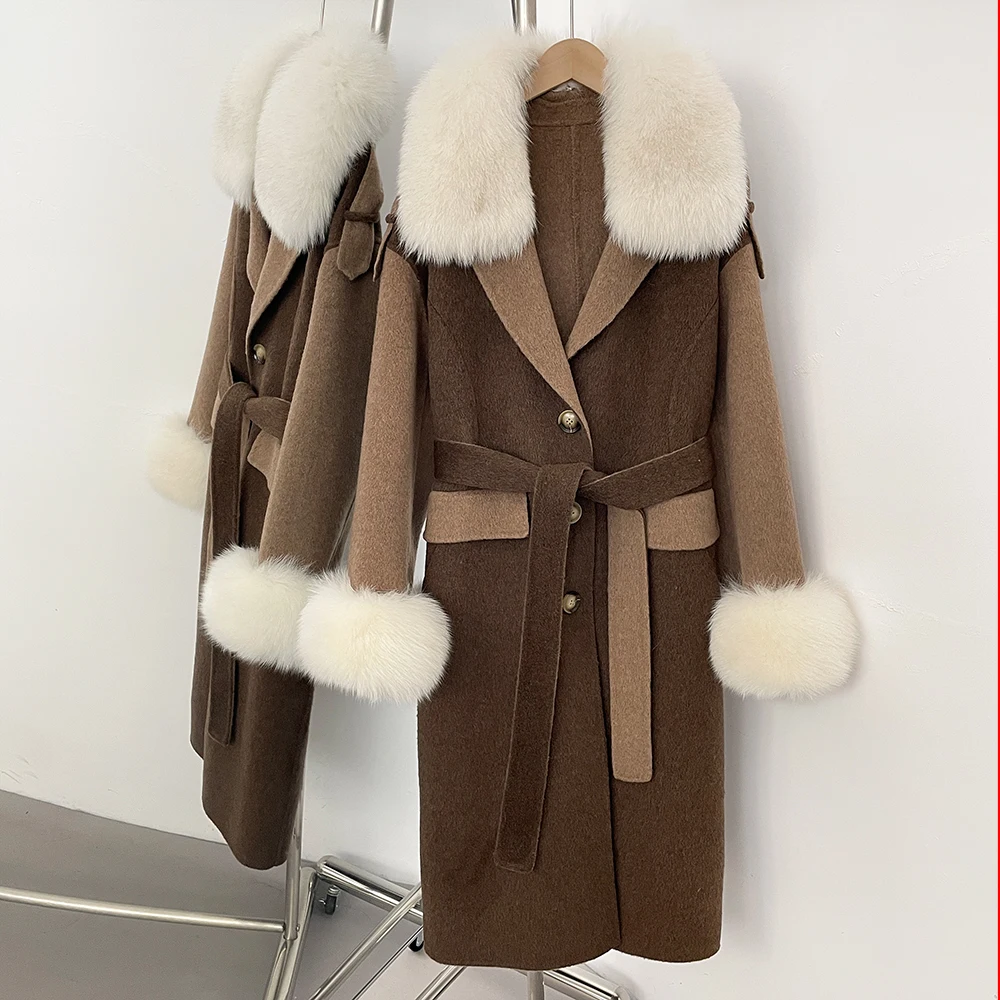

Hooded Large Real Fox Fur Coat Women Long Belt Lace Up Wool Blend Coat Autumn Female Winter Cashmere Outerwear Woolen Jacket