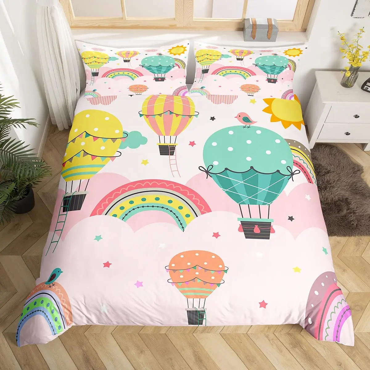 

Cartoon Hot Air Balloon Bedding Set 3D Printed Duvet Cover Set Soft Single Twin Double Queen King Size For Kids Birthday Gift