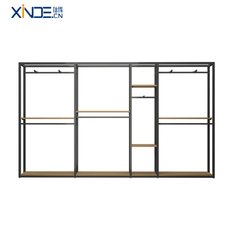 custom.XINDE Double-Sided Supermarket Rack Light Duty Clothing Display Stand Metallic Iron and Wood Wire Shelving