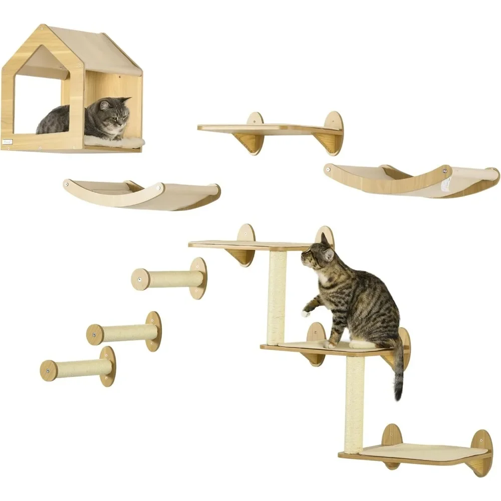 

8Pcs Wall Mounted Cats Tree Cats Shelf Set, Cat Wall Furniture with Cat Hammocks, Condo, Perches, Steps,Modern Cats Tree