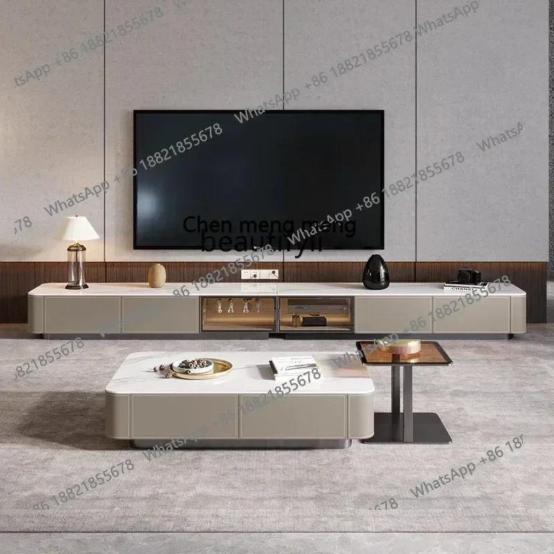 

D178 Saddle leather TV cabinet coffee table combination designer rock slab floor cabinet extended solid wood