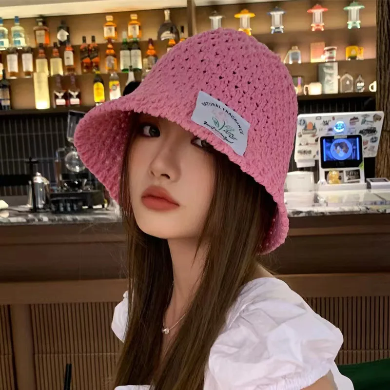 Summer Hollow Bucket Hats Women Korean Thin Breathable and Versatile Show Face Small Age Reduction Sweet Flower Patch Basin Cap