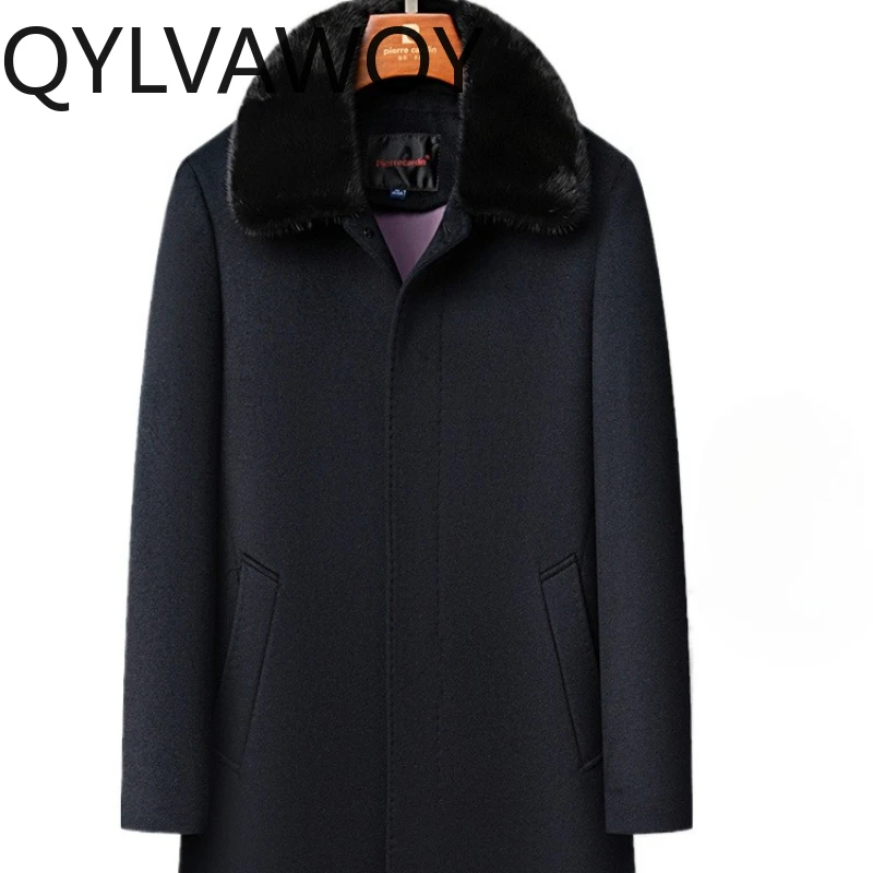 QYLVAWOY Winter Men's Woolen Coat Rabbit Fur Liner Mink Fur Collar Lapel Mid-Length Outerwear Warm High-End Parka Stylish LJ2747