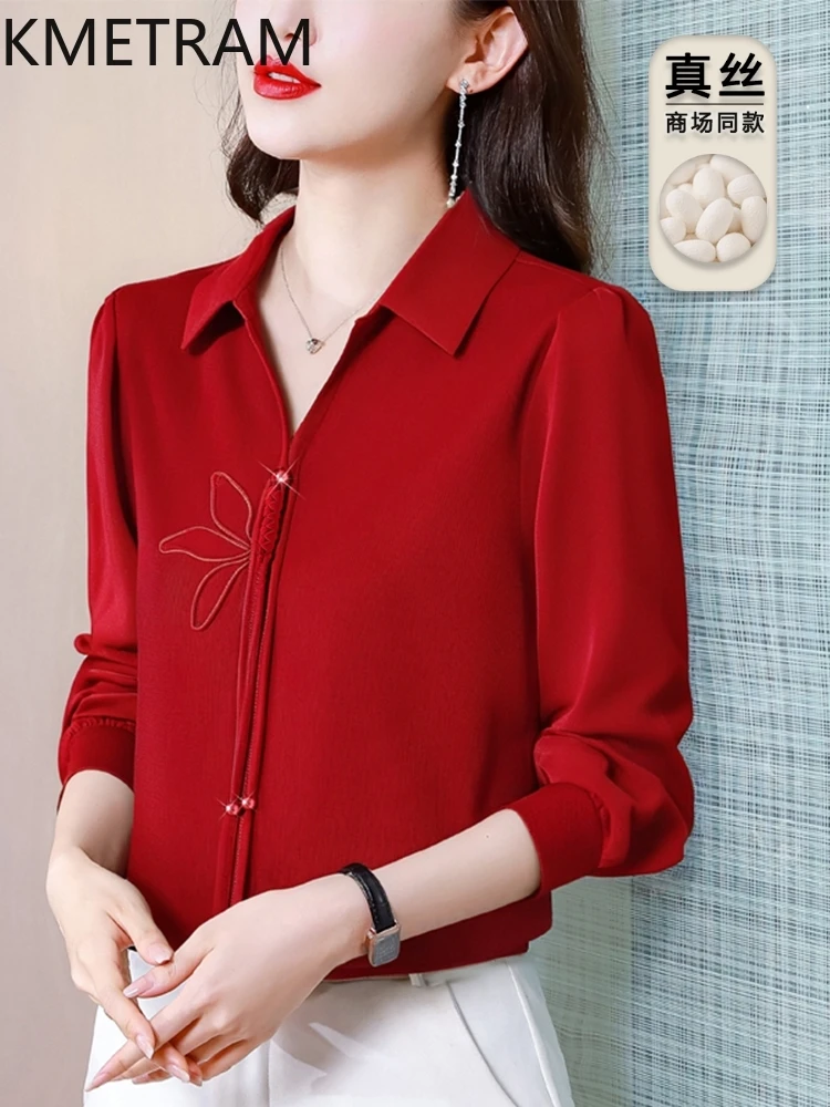 

KMETRAM 90% Mulberry Silk Blouse Woman Long Sleeve Tops for Woman Turn-Down Collar Women's Shirts 2025 Spring Casual Tops Femme