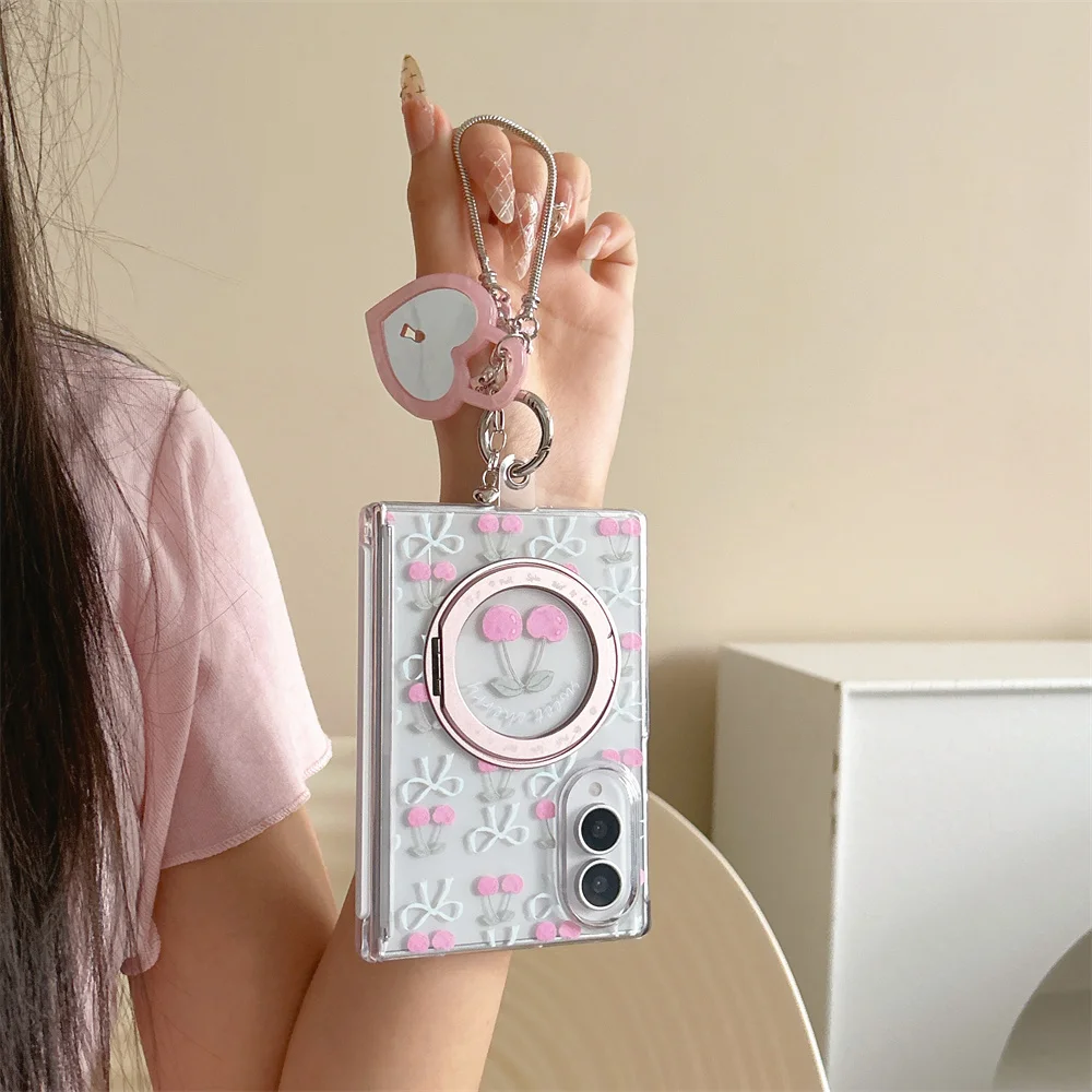 Korean Line bow tie Cherry Cute Magnetic Phone Case For Samsung Galaxy Z Fold 8 Ultra Z Fold8 Cover with Ring Cute Cases Funda