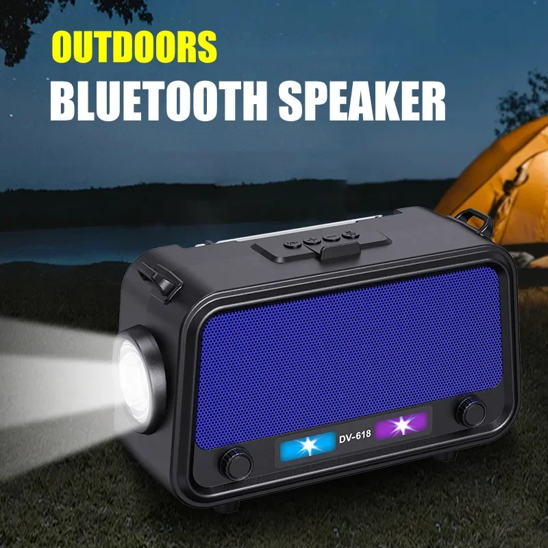 Portable Wireless Bluetooth Speaker DV-618 Solar Charging Strong Flashlight FM Radio U Disk TF Card Play Hifi Stereo Sound Box