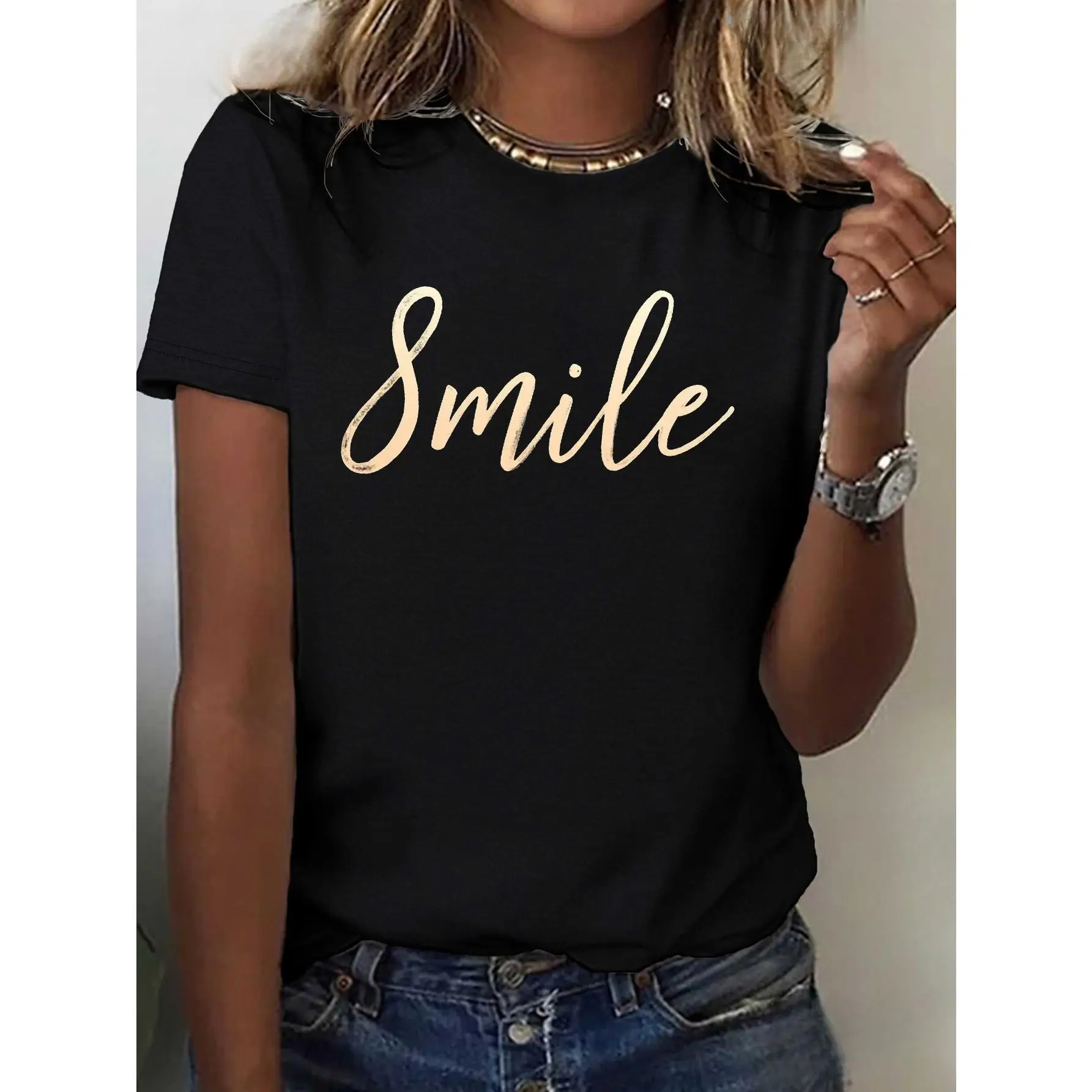 

Women's Casual Letter Print T-Shirt, Short Sleeve O-Neck Top, "Smile" Graphic Tee for Summer Vacation, Everyday Wear
