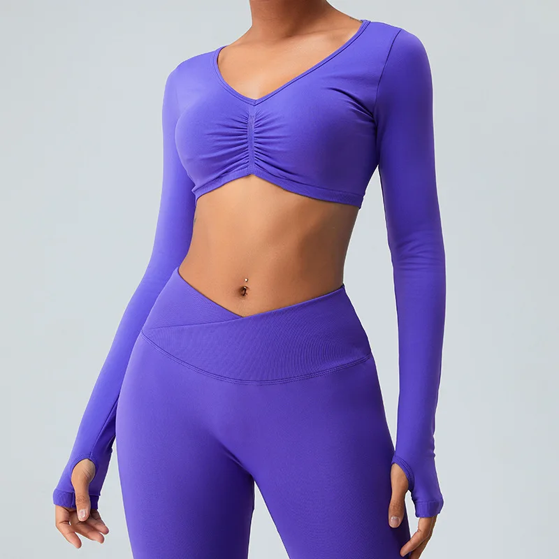 2024 New Women Long Sleeve Crop Tops Pleated Running Sports Short T-shirt Woman Casual Tight Fitting Fitness Yoga Clothes 30720