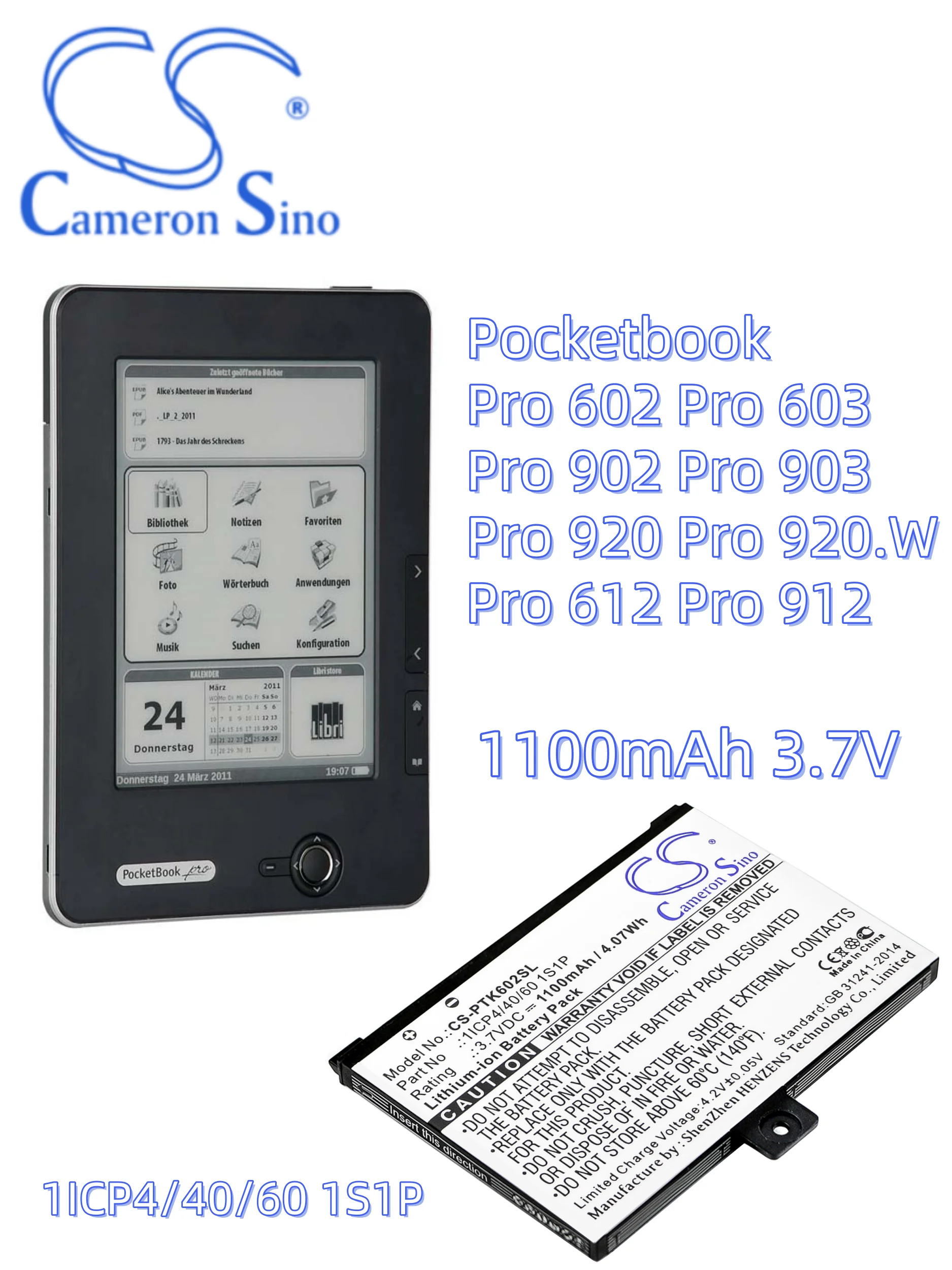 battery Cameron Sino batteries E-book, E-reader CS-PTK602SL 1ICP4/40/60 1S1P Pocketbook  Pro 602 Pro 603 Pro 902 Pro 903 Pro 920