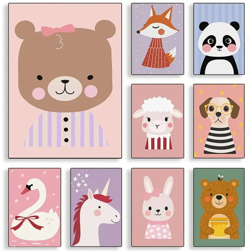 البساطة لطيف سوان الأغنام يونيكورن الثعلب اللون النقاط التوضيح المشارك قماش اللوحة طباعة للأطفال الحضانة جدار ديكور فني للمنزل