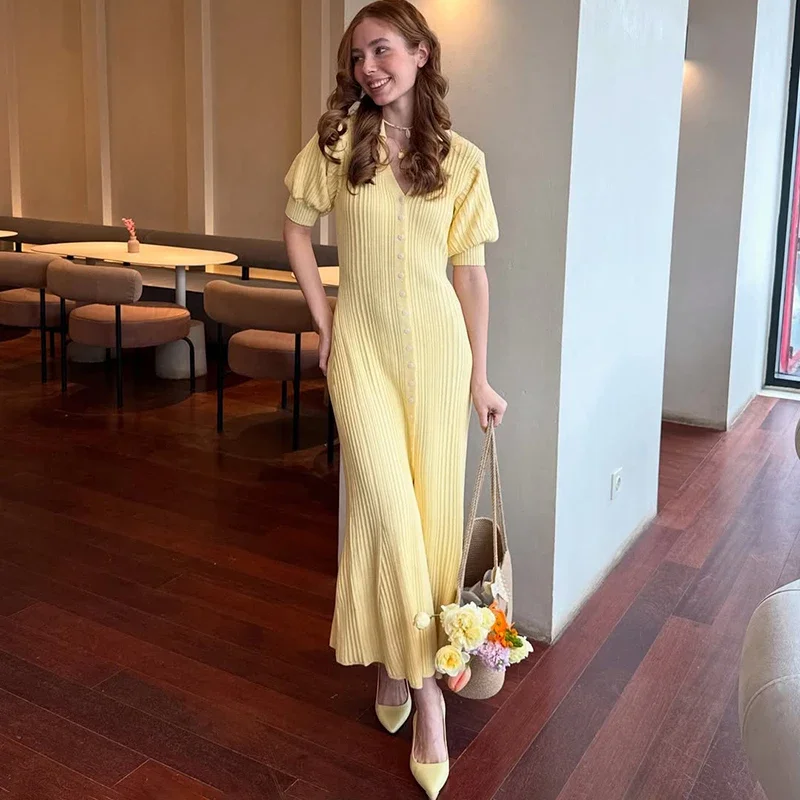 

Knit Puff Sleeve Long Dress for Women V Neck Single Breasted High Waist Dress Female 2025 Summer Fashion Slim Dresses