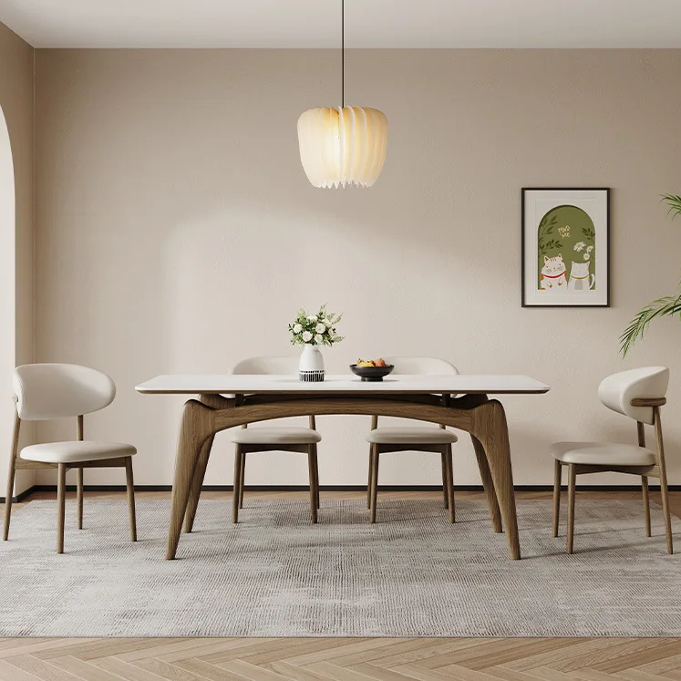 

Delifeng pure white rock slab solid wood dining table rectangular small apartment modern Chinese walnut ash wood dining table