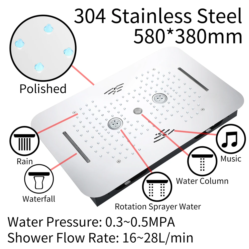 Nowoczesna, montowana na ścianie, polerowana, mosiężna bateria termostatyczna z deszczownicą LED z muzyką, o wymiarach 23x15 cali, z funkcją wodospadu i strumieniowego prysznica.