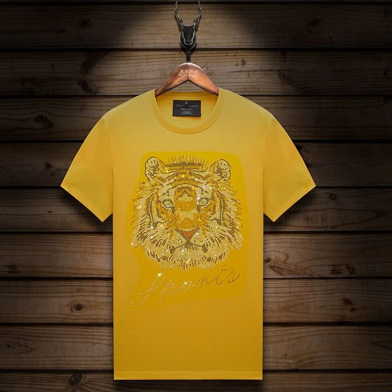 Men's Clothing Summer high quality Tiger Head Hot Drilling Round Neck Fashion Fashion Handsome Half Sleeve T-Shirts