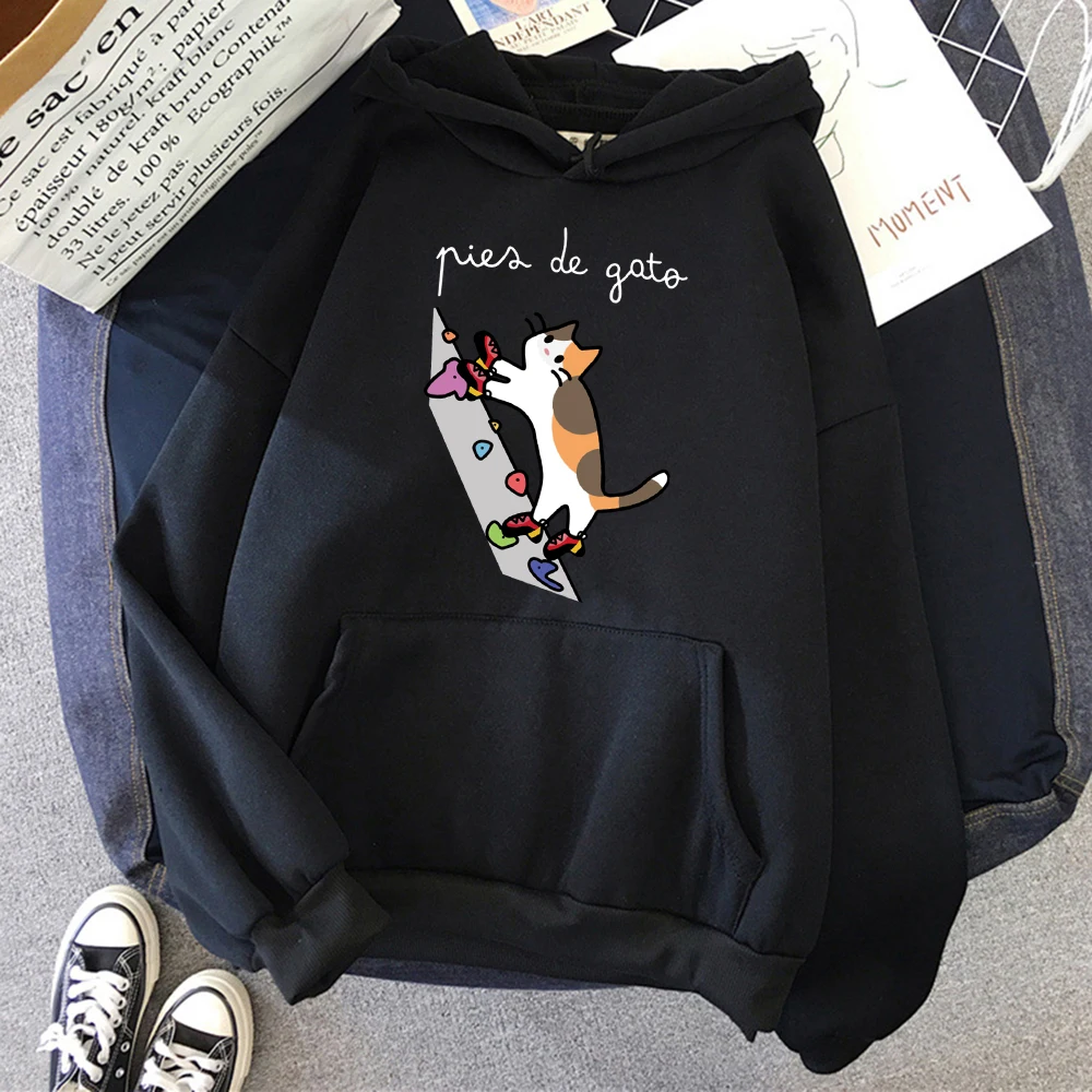 

Женские толстовки с милым принтом Cat Rock Climb, осенние толстовки с карманами Y2K, повседневная спортивная одежда унисекс для бега, флисовые универсальные пуловеры