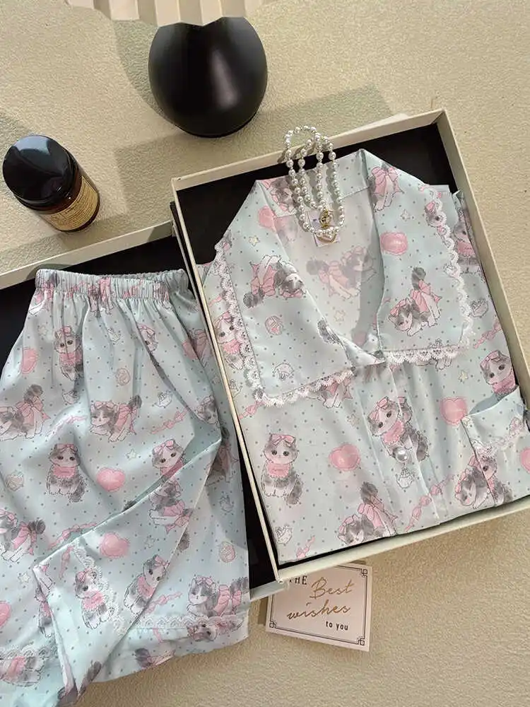 2025 New Summer Cartoon Ice Silk Pajamas Sweet Girl Lace Doll Collar Loungewear Casual Skin-friendly Short-sleeved Set