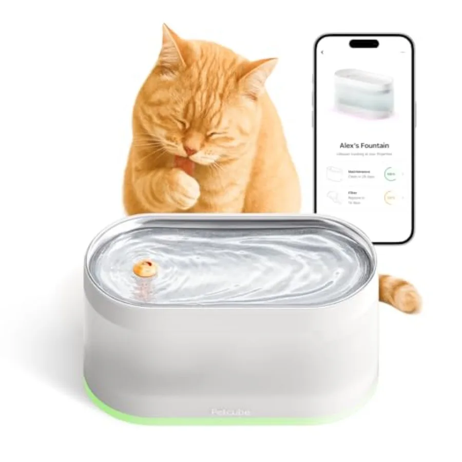 

Pet Water Fountain for Cats and Dogs with Stainless Steel Bowl 4-Layer Filtration Battery Operated Quiet Pump LED Light In-App