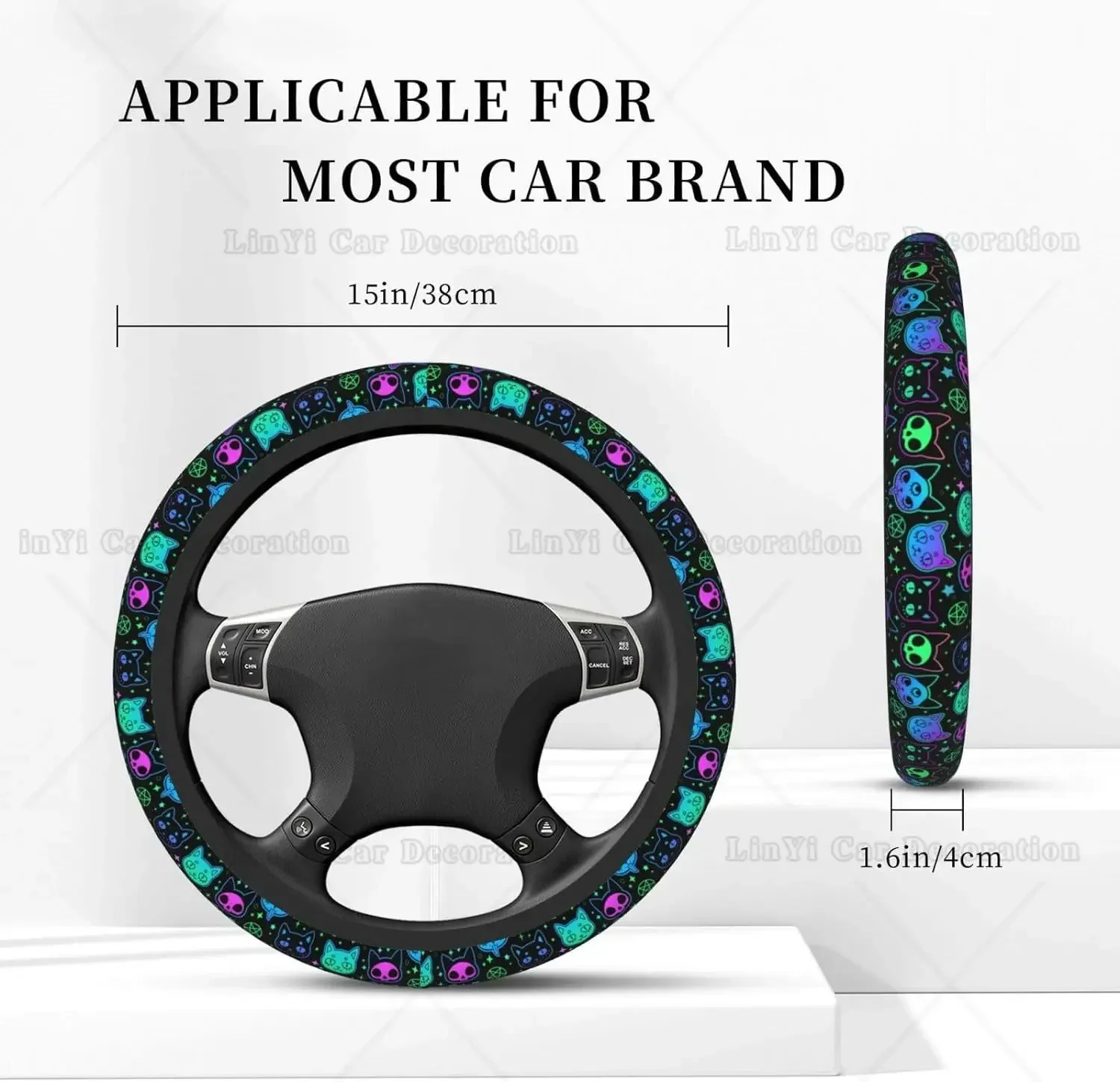 Witchcraft Cat Cute Steering Wheel Cover Universal 15 Inch Car Accessories Protector for Women Men Girls Fit Most Vehicles