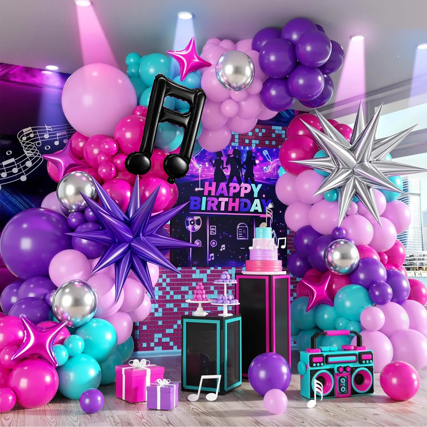 Image of 145-teiliges Lila Hot Pink Cyan Silber Musiknoten Stern Folienballon Bogen-Set Retro Disco Hip Hop Geburtstag Club Party Hintergrund-Dekoration