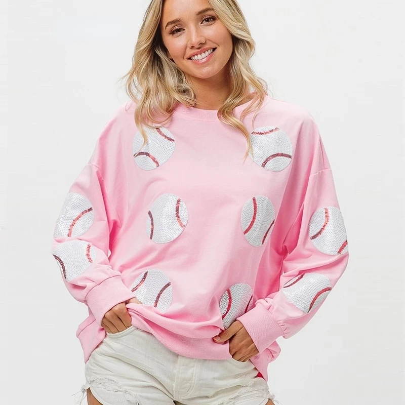 

Deeptown Spring Baseball Graphic Pink Sweatshirt Women Vintage Y2k Oversize Casual Long Sleeve Round Neck Pullover Streetwear