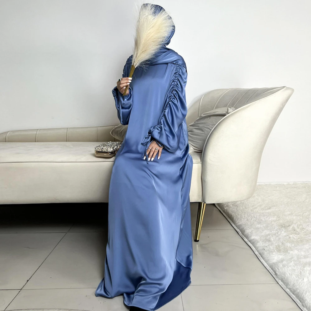 

Muslim Women Modest Dress Eid Dubai Plain Abaya Islamic Holiday Party Solid Turkey Lace-up Cuffs Long Dress