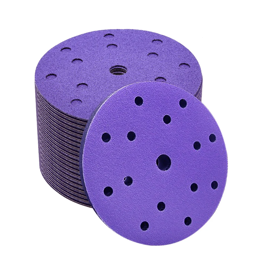 50PCS 6 Inch Ceramic Sanding Discs,6 Inch 15 Hole Hook and Loop Backing Sandpaper for DA Sander Wood Metal Paint Finish