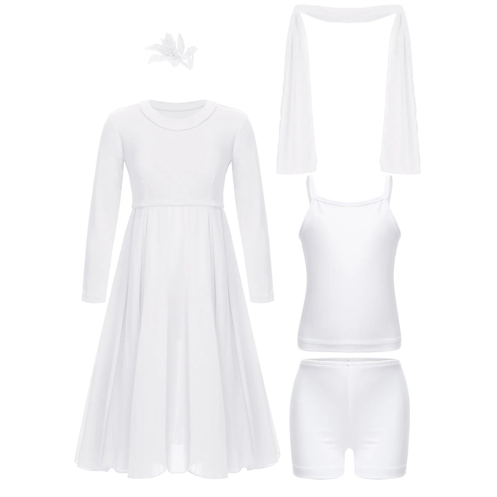 

Modern Ballet Dance Set for Girls Solid Color Dress with Camisole Shorts Scarf Headwear Lyrical Outfits Ballerina Kids Clothes