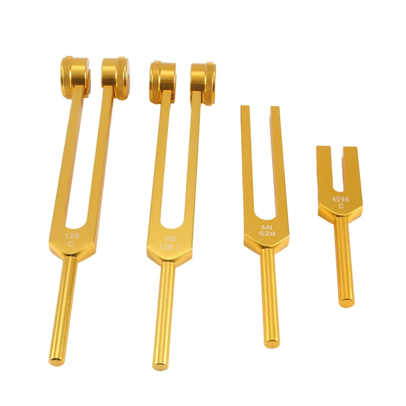 B62B 4Pcs Tuning Fork Set 128Hz 136.1Hz 528Hz 4096Hz, Chakra Healing Sound Therapy for Stress Relief, Aluminum Alloy Gold