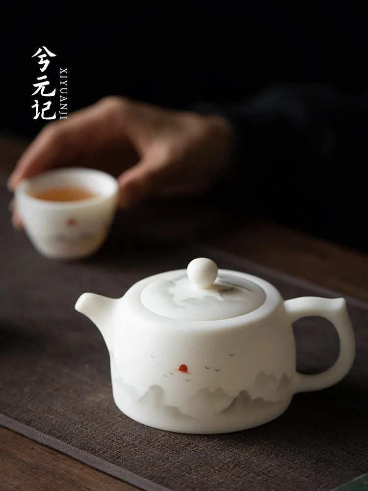 Plain Burning Mutton Fat Jade Manhole Pot Filter Teapot Ceramic Tea Set National Fashion Household Single