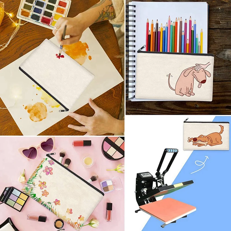 48Pieces Blank Craft DIY Canvas Pen Pencil Case- Invoice Bill Bag Makeup Bag Cosmetic Bag Multipurpose Toiletry Pouch