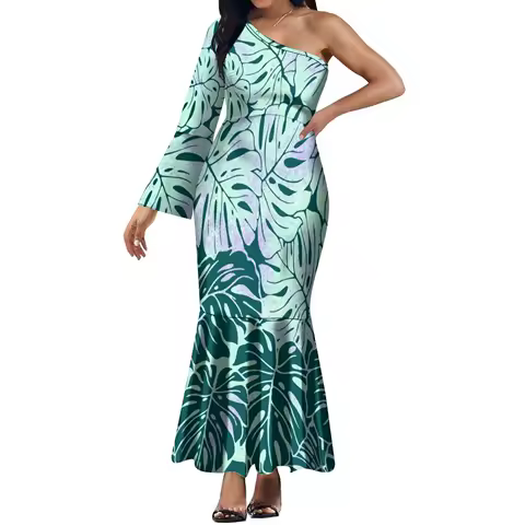 Summer Women's Custom Long-Sleeved One-Shoulder Dress Polynesian Vintage Tribal Style Big Man Dress Evening Party