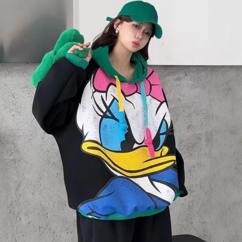 

Новая весенняя стильная толстовка с Дональдом Даком — женская толстовка оверсайз в стиле пэчворк, модный повседневный топ свободного кроя