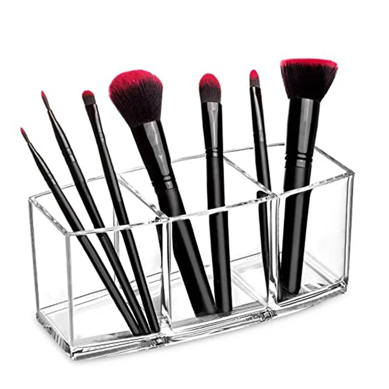 Organizador de pincéis de maquiagem, bandeja de armazenamento de maquiagem, organizador de maquiagem de gaveta de banheiro, organizador de pincéis de maquiagem acrílico com 3 espaços, 1 peça