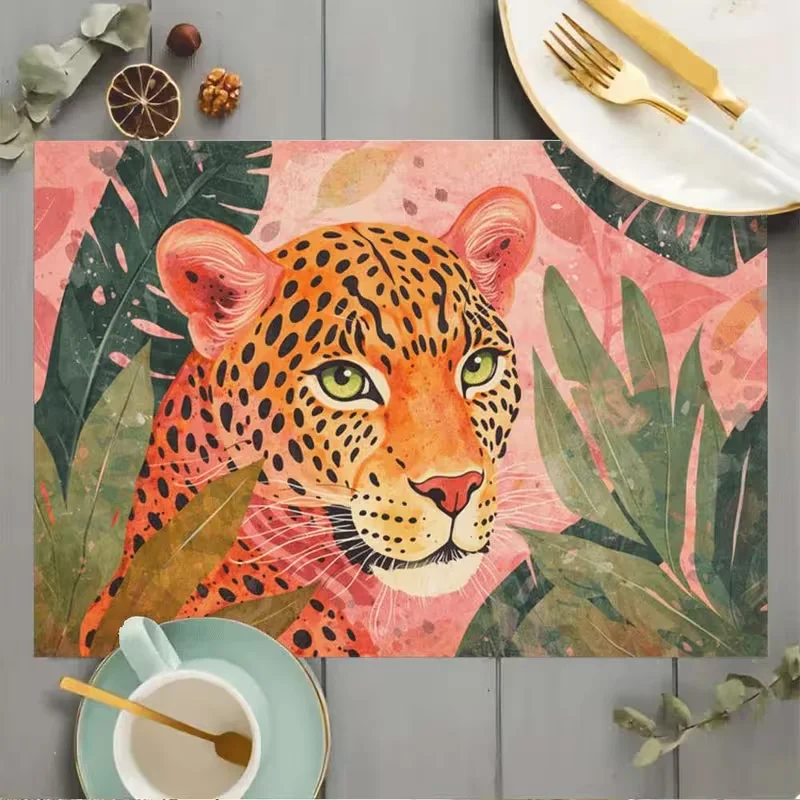 Tropical Blue Leopard Palm Print Placemats Bohemian Wildlife Table Mats Exotic Cheetah Cactus Pattern Pads