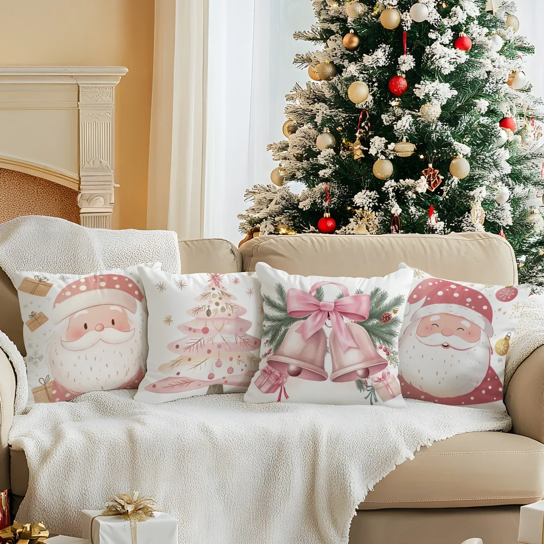 

Cute Pink Christmas Theme Pillowcase Printed Polyester 45x45cm Throw Pillowcover Decorative Sofa Cushion Pillowslip Home Decor