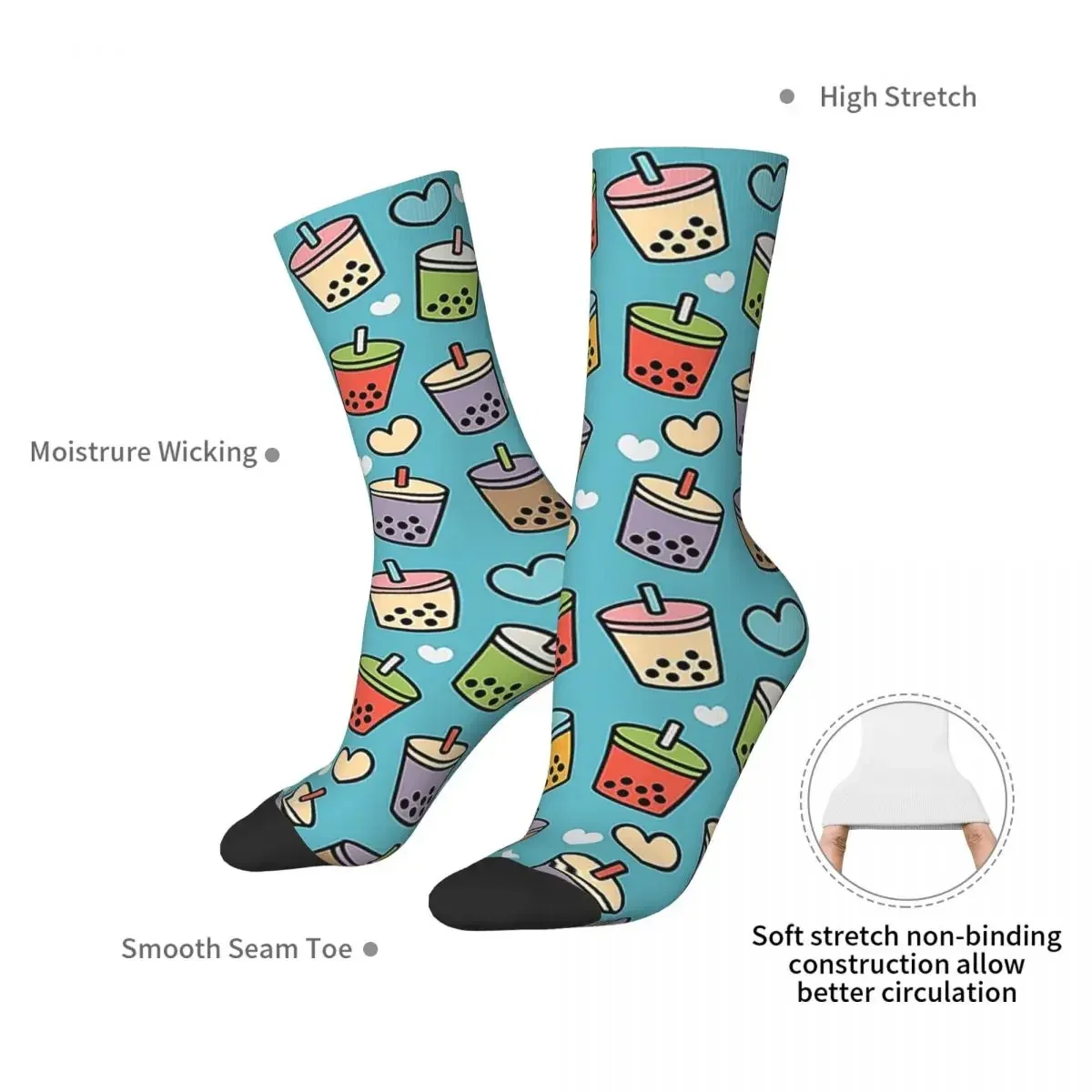 Cute Bubble Tea Flavors And Hearts Pattern Socks High Quality Stockings All Season Long Socks Accessories for Man's Woman Gifts