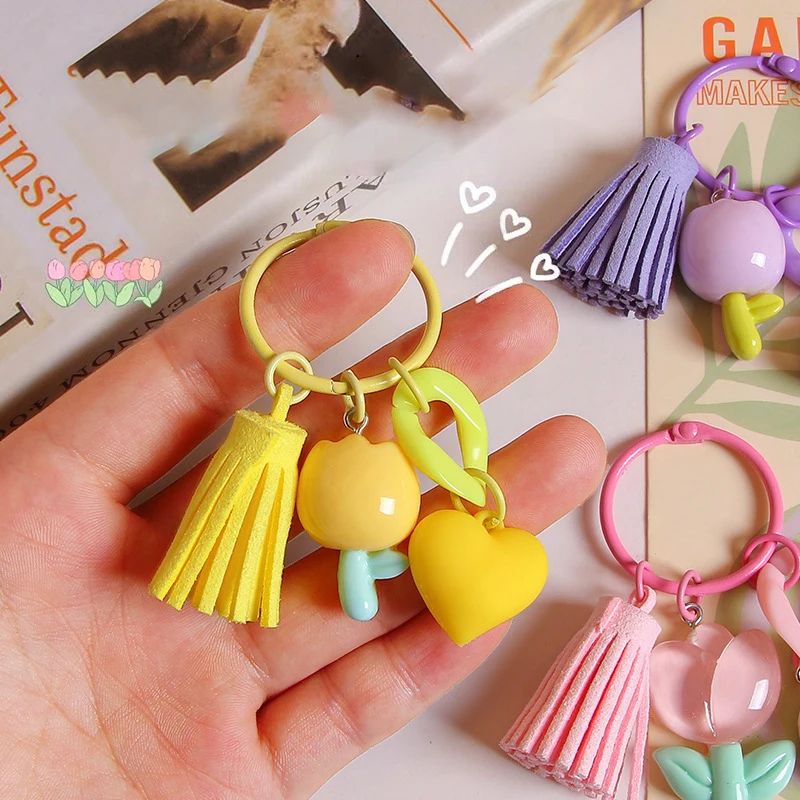 Fashion Tulip Flower Keychains Backpack Headphone Case Charm Pendant Car Ornament Accessories Creative Friendship Gifts