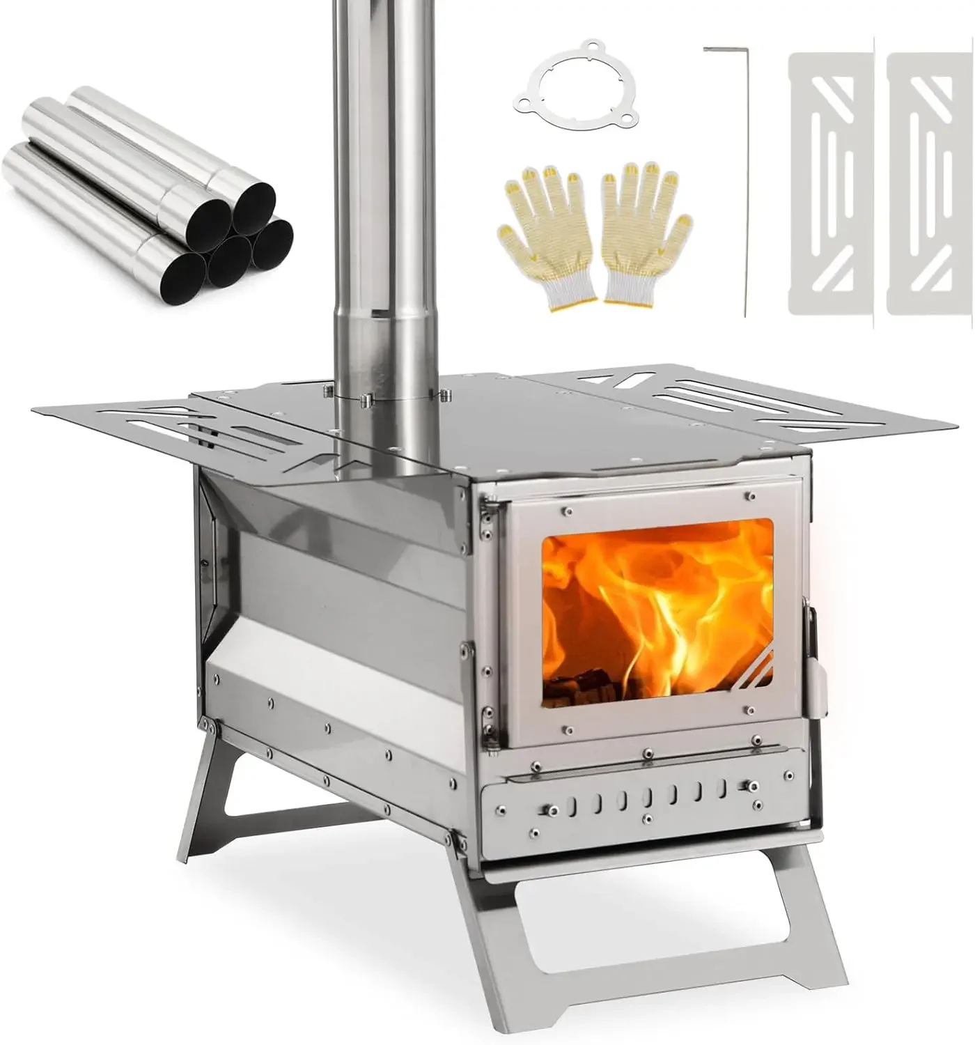 Tent Stove with Pipes - Stainless Steel Camping Wood Burning Stove, Portable Hot Tent Stove For Heating and Cooking