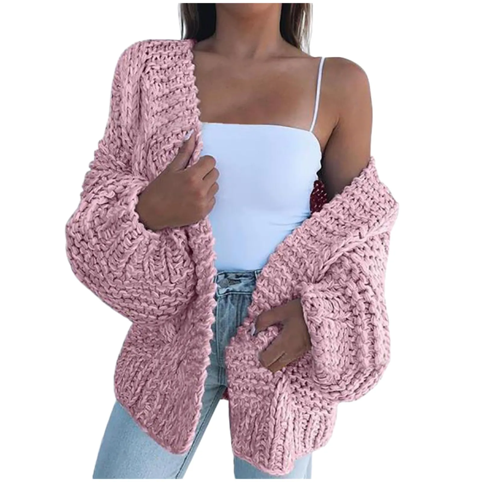 Women Autumn Fashion Warm Chunky Knitted Sweater Cardigan Casual Versatile Solid Colour Coat Loose Comfort Lantern Sleeve Coat