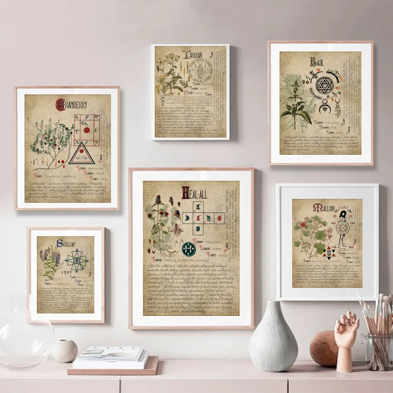 (2D Canvas Painting)  Witchcraft Book of Shadows Vintage Prints Herbal Grimoire BOS Sheets Posters Herbarium Wall Art Picture