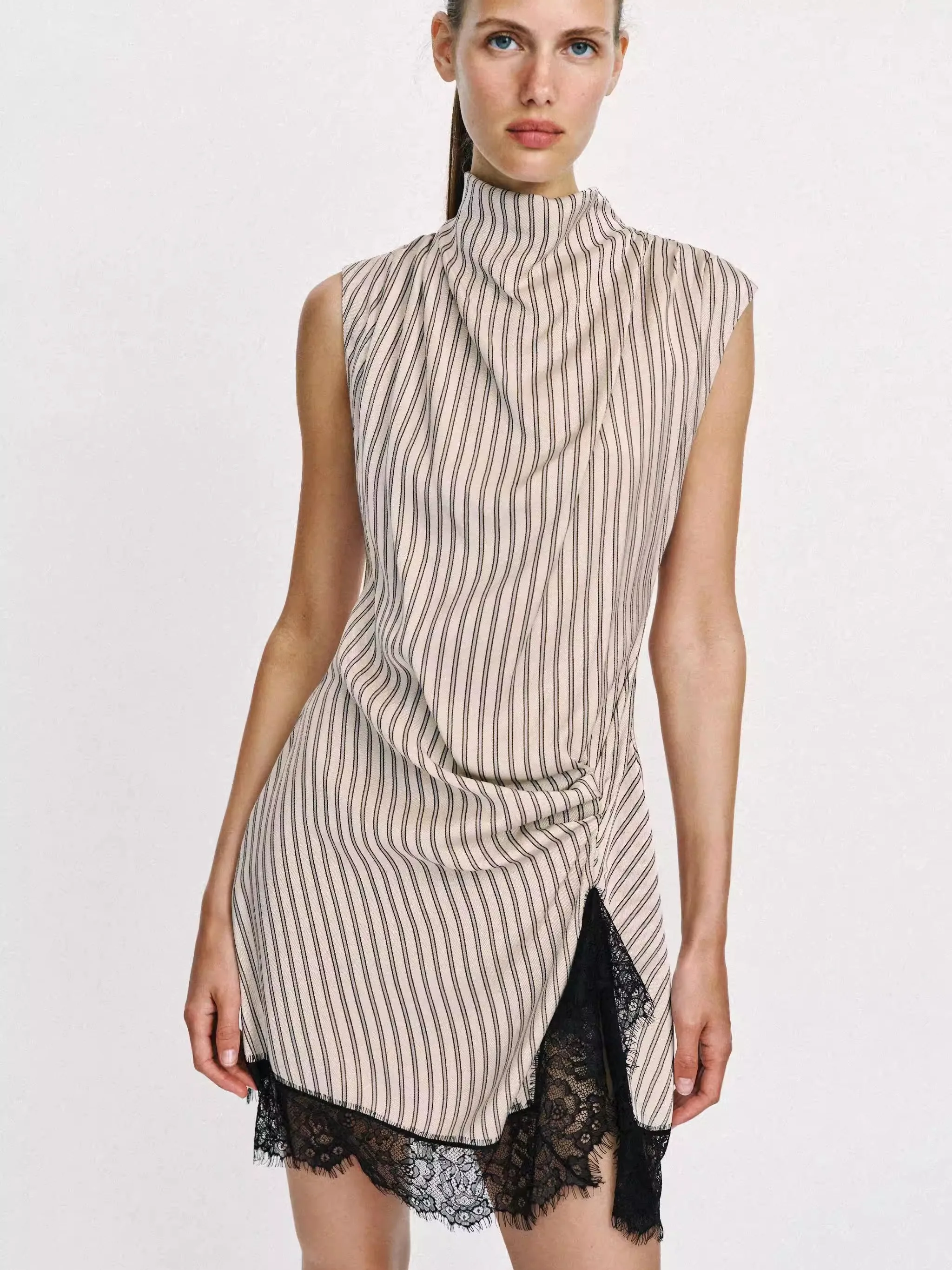 

Summer New Arrival Women's Sleeveless Stand Collar Dress Lace Stripe Design Fashionable Trendy Female Clothing