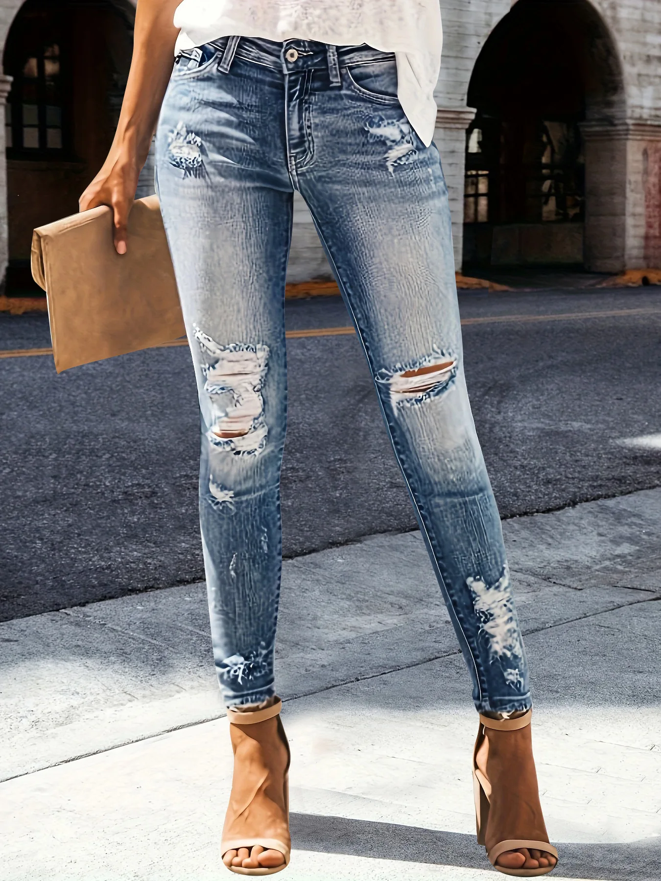Hole Jeans Women Straight Pants Strecth High Strecth 2026 Streetwear Denims Washed Distressed Pockets Vintage Ripped Trousers