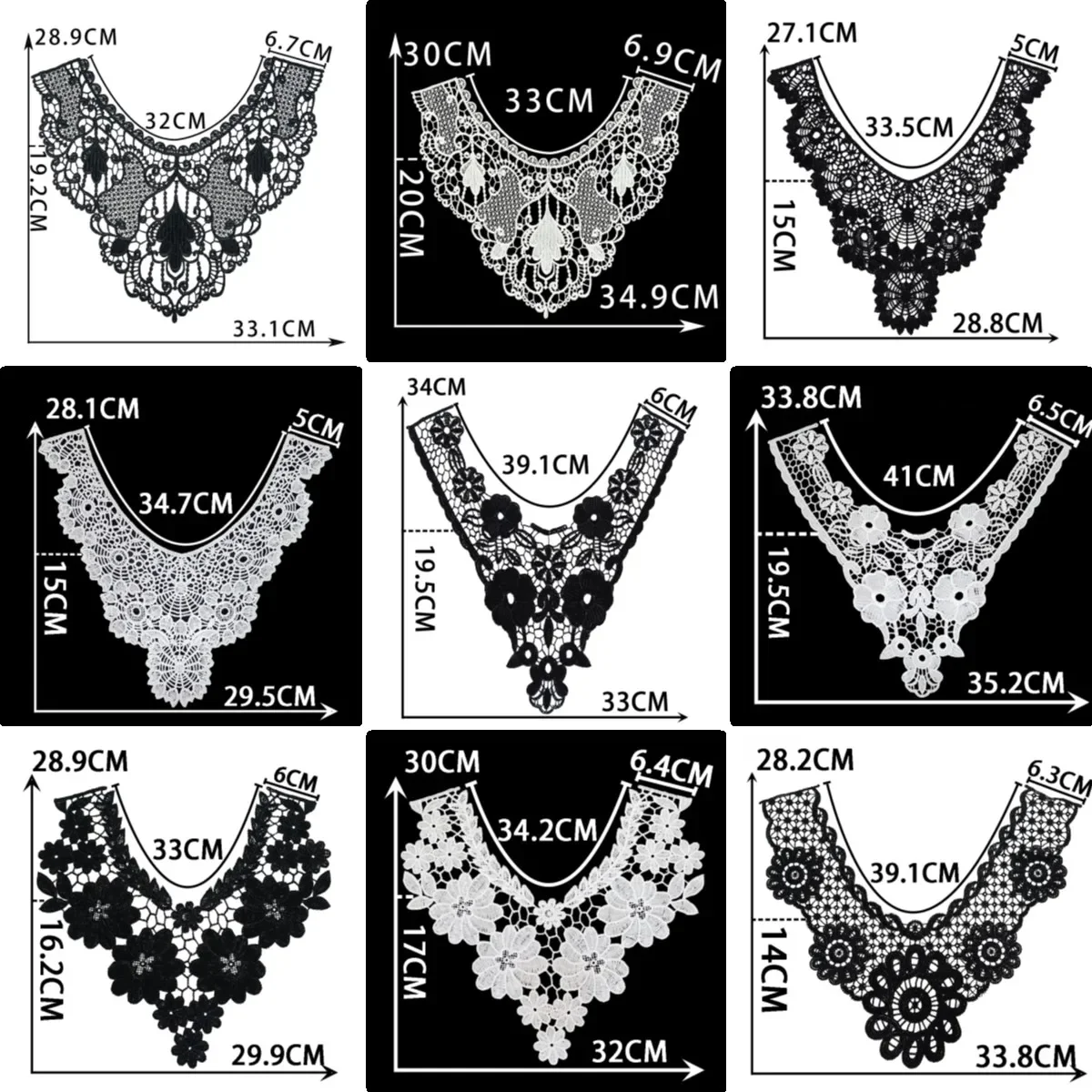 Wholesale sales of 1-10 pieces of polyester embroidery black and white collar DIY sewing decorative clothing lace accessories