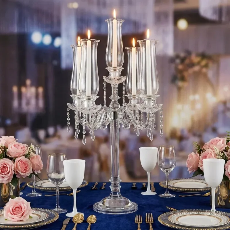 Luxury 5 Arm Crystal Candelabra Hexagonal Glass Candle Holder for Wedding Centerpiece High End Restaurant Table Decor