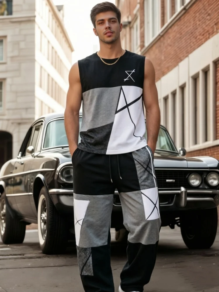 Men's Black White Gray Color Block Abstract Line Graphic Sleeveless Vest Loose Fit Sweatpants Casual Matching Outfit