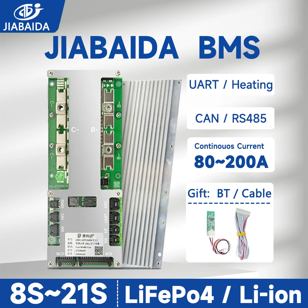 

JIABAIDA BMS Smart 8S~21S LiFePo4 Li-ion 10S 13S 16S 20S Battery 80A~200A Current Charge Protect BT UART CAN RS485 JBD Smart BMS