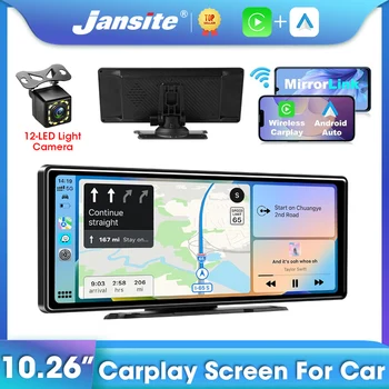 Ekran Jansite 10.26 cala z CarPlay do samochodu, radio samochodowe z Android Auto, odtwarzacz multimedialny wideo, przenośny z USB AUX do kamery cofania