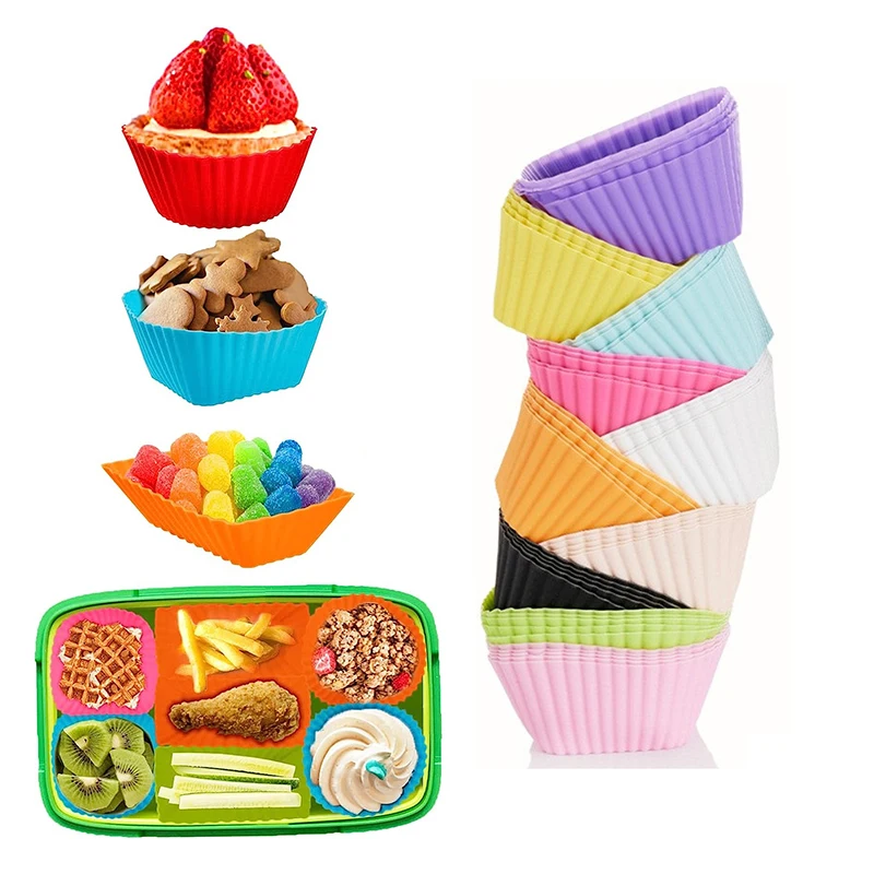 4 Pcs Silicone Muffin Cup Round Rectangular Paper Cup Cake Baking Cup Liner Reusable Non Stick Cake Mold Set Lunch Box Dividers