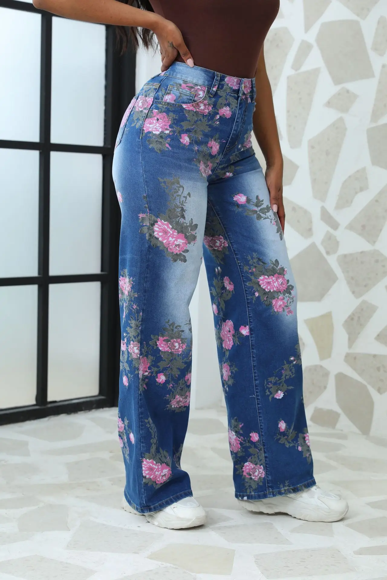 2024 Autumn New Women\'s High Waist Floral Pattern Jeans Fashionable Stretch Loose Denim Wide Leg Pants