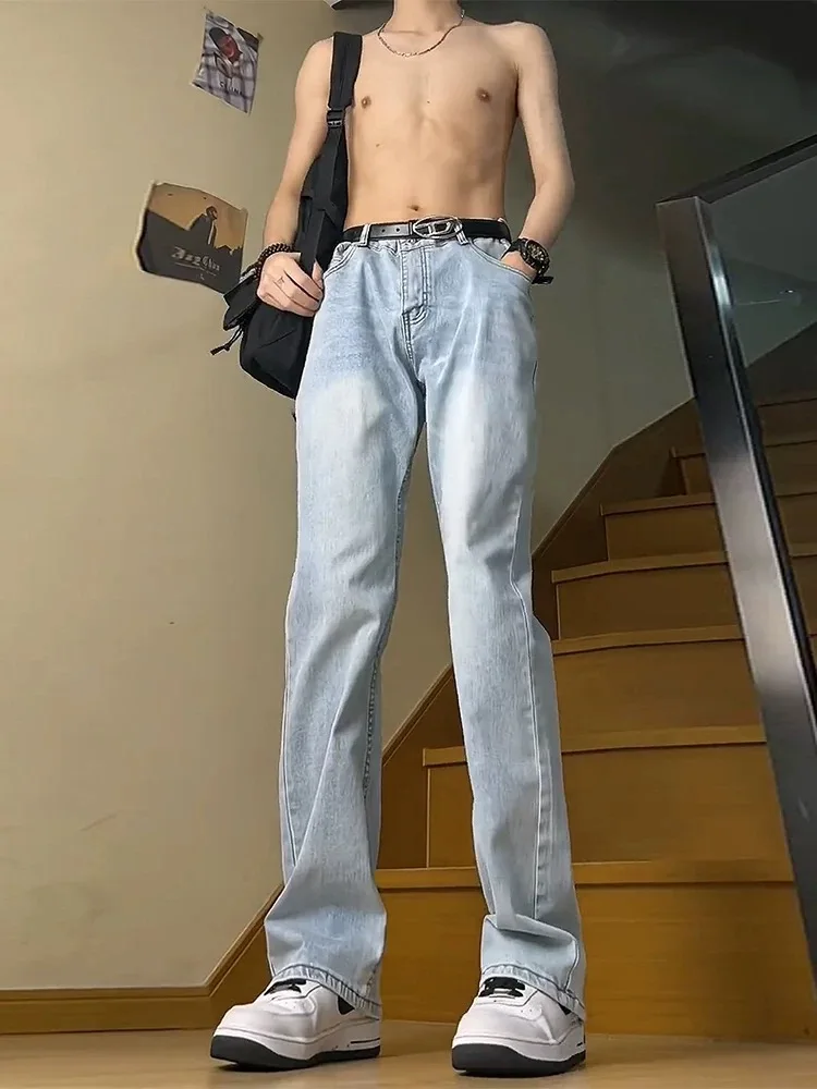 

Ice Blue Men's Flared Jeans Casual High Street Sle Spring Autumn Straight Leg Long Trousers Wear Resistant Comfortable Denim